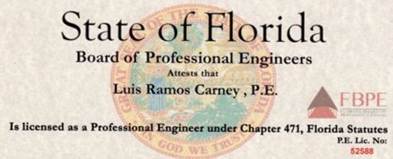 Dr Carney's Fl Professional Engineering Liscense